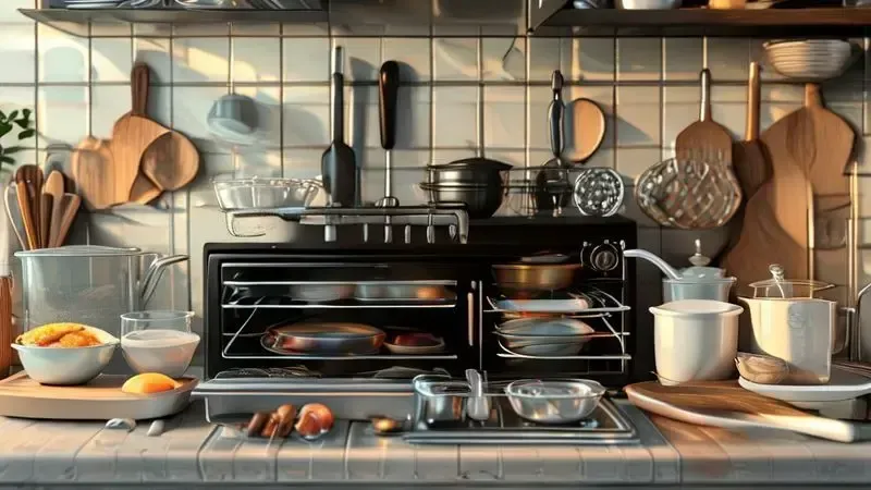 Ilustração de utensílios de cozinha compatíveis e não compatíveis com forno elétrico