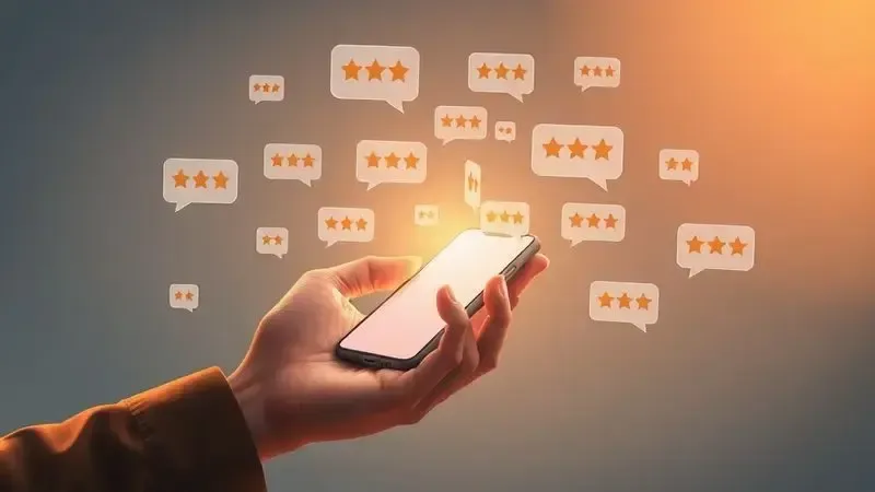 Ilustração digital de uma mão segurando um smartphone com ícones de avaliação e balões de fala flutuantes, representando a análise de reviews online.