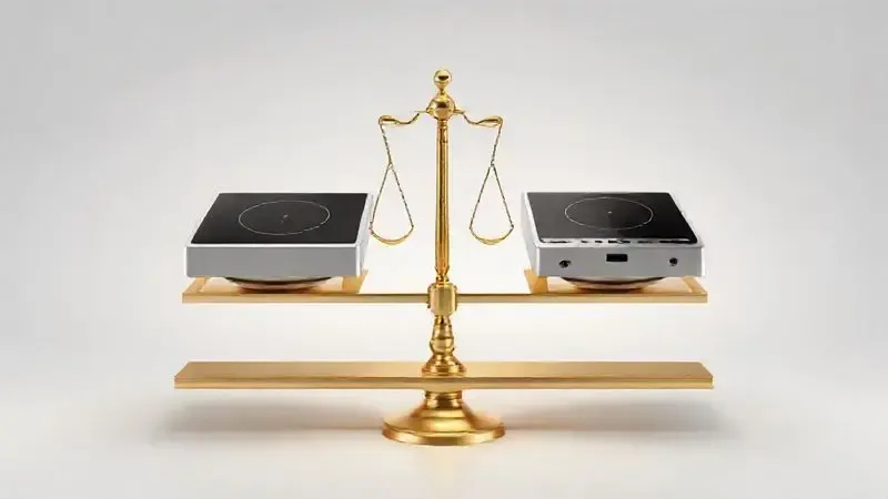 Ilustração 3D conceitual de comparação, com dois eletrodomésticos estilizados em uma balança, representando a escolha entre marcas.