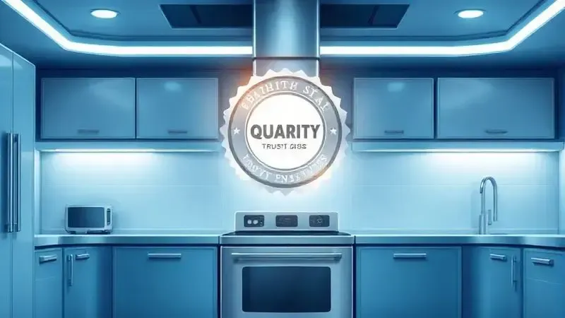 Ilustração conceitual de um selo de qualidade flutuando em uma cozinha moderna, representando a confiabilidade e engenharia da marca.