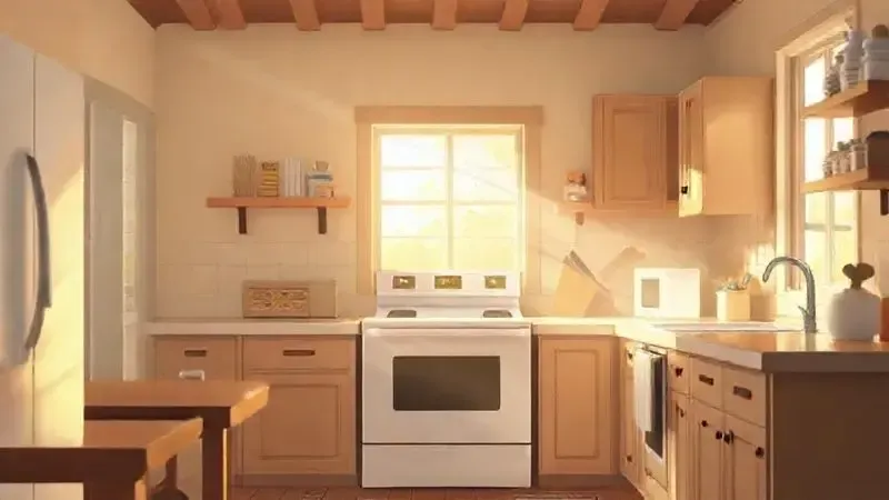 Ilustração de uma cozinha confiável com eletrodomésticos de qualidade e luz natural.