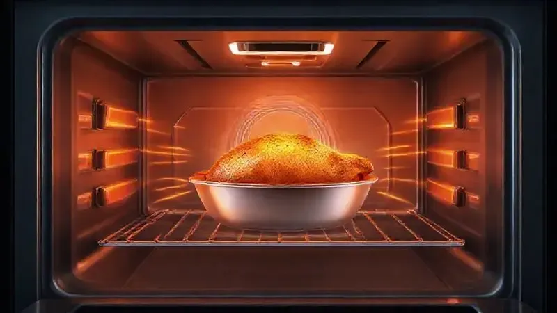 Ilustração 3D mostrando a distribuição de calor uniforme dentro de um forno moderno, ideal para assados perfeitos.