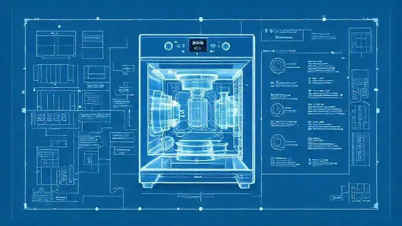 Ilustração conceitual da ficha técnica de um eletrodoméstico, mostrando componentes internos e especificações.