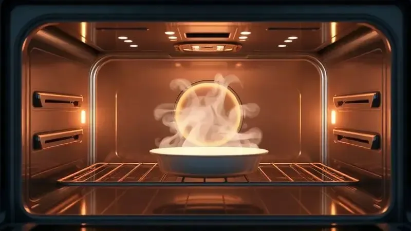 Ilustração 3D de um forno moderno com distribuição de calor uniforme, destacando tecnologia de cocção.
