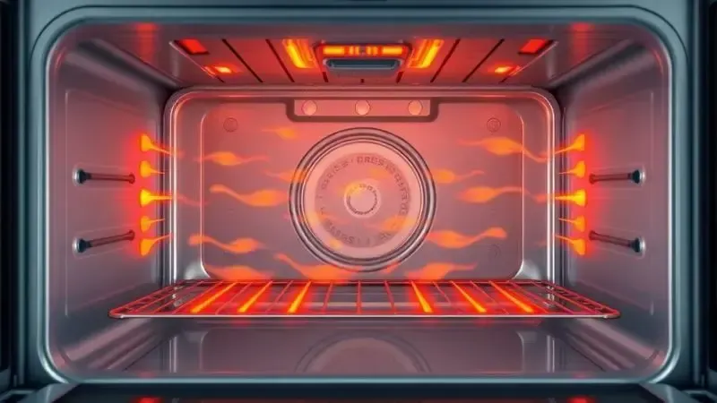 Ilustração digital de um forno moderno com circulação de calor eficiente para assados uniformes.