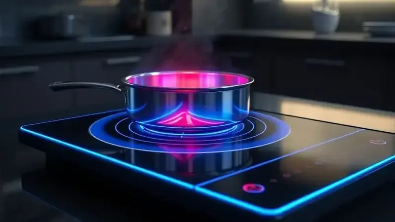 Ilustração digital do funcionamento de um fogão de indução, mostrando a transferência de energia e o aquecimento rápido da panela.