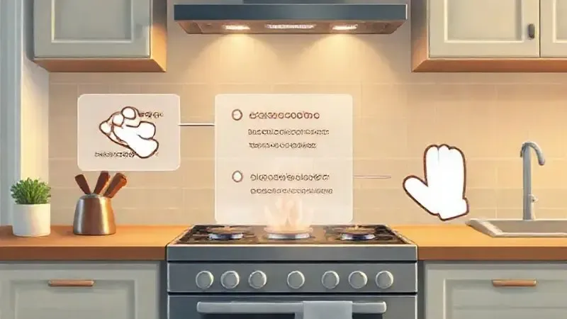 Ilustração conceitual de uma cozinha com destaque para as recomendações de segurança e uso correto do fogão a gás.