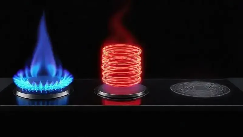 Ilustração conceitual de diferentes tipos de aquecimento: chama de gás, resistência elétrica e campo magnético de indução.