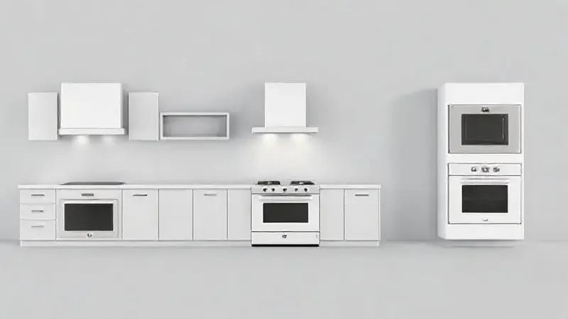 Ilustração 3D conceitual mostrando os diferentes tipos de fogões: cooktop, de piso e de embutir.