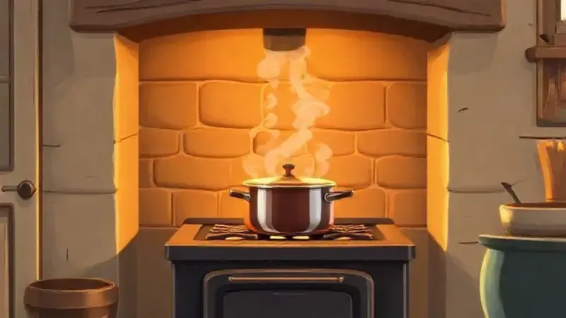 Ilustração digital de um fogão a lenha em uma cozinha rústica, simbolizando calor, conforto e o cozimento de alimentos.