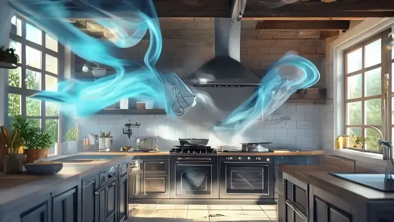 Ilustração conceitual mostrando fluxo de ar ideal entre fogão e depurador na altura correta.
