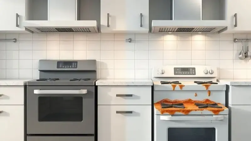 Ilustração conceitual mostrando a importância da limpeza regular do fogão e forno para saúde e eficiência energética