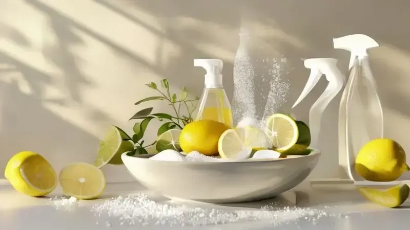 Ingredientes caseiros para limpar boca de fogão: bicarbonato, limão e vinagre branco.