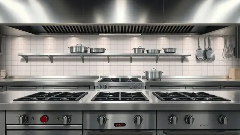 Ambiente de cozinha profissional com fogão de inox destacando durabilidade e aspecto industrial