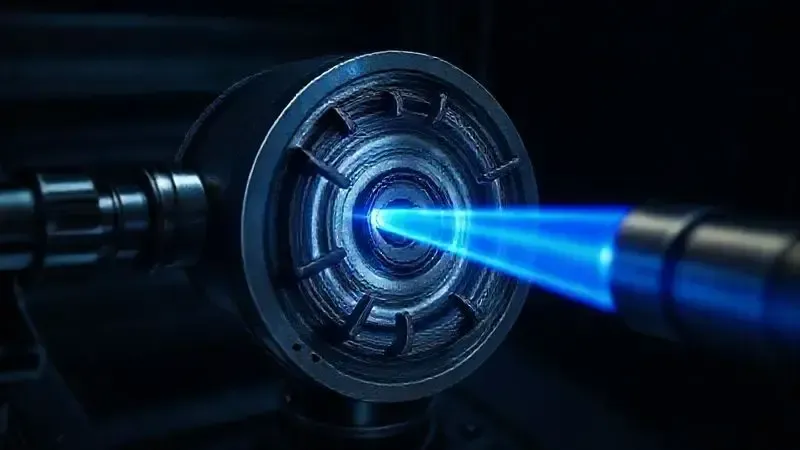 Ilustração de um componente de fogão sendo analisado por um laser azul, representando o rigoroso controle de qualidade e inspeção técnica.
