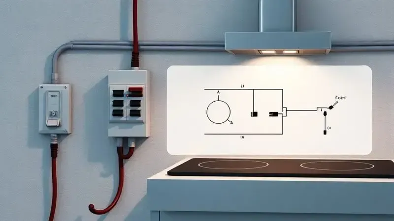 Ilustração conceitual de instalação elétrica para cooktop de indução com fios e disjuntor.