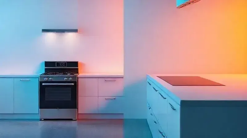 Ilustração 3D conceitual mostrando a diferença de instalação entre um fogão de piso e um cooktop embutido na bancada.