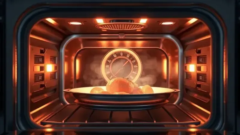 Ilustração digital 3D do interior de um forno com cozimento uniforme e controle preciso de temperatura.