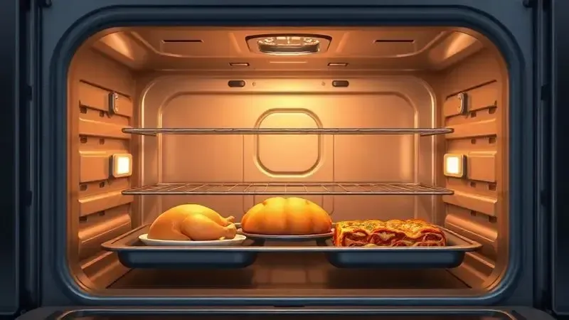 Ilustração realista do interior de um forno espaçoso com alimentos assando uniformemente, destacando a grande capacidade interna.
