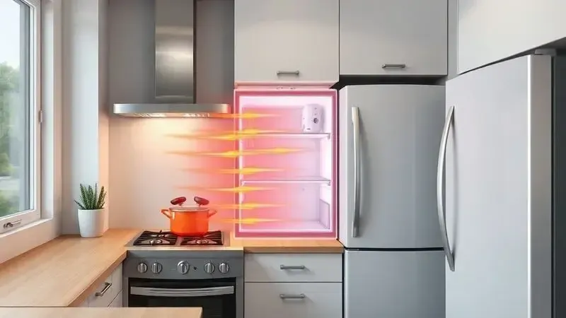 Conceito de isolamento térmico e soluções para proteger geladeira do calor do fogão em cozinhas pequenas