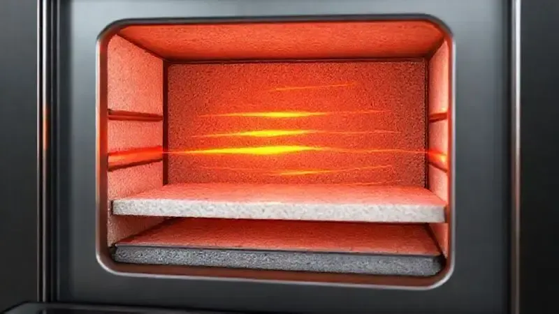 Ilustração conceitual de uma seção transversal da parede do forno, mostrando o isolamento térmico ideal para reter o calor.