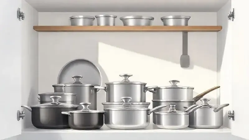 Ilustração digital de um conjunto moderno e versátil de panelas de indução organizadas em um armário de cozinha.