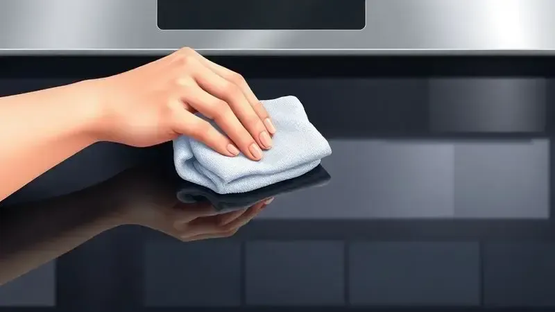 Ilustração de uma mão limpando suavemente a mesa de vidro de um fogão com um pano macio, enfatizando a facilidade de limpeza.