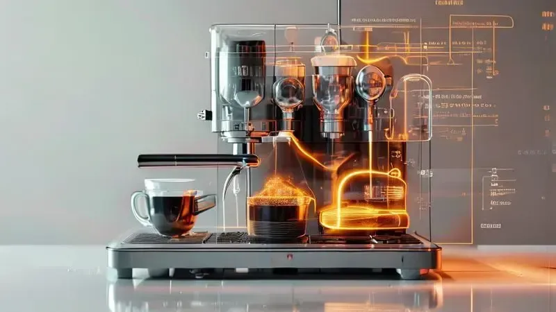 Ilustração conceitual mostrando rotina de manutenção e cuidados para preservação de cafeteira italiana por décadas de uso.