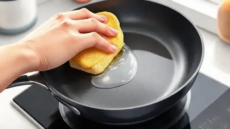 Mão limpando suavemente uma frigideira antiaderente para indução com uma esponja macia, enfatizando o cuidado.