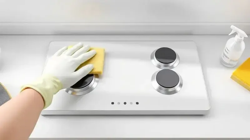 Render 3D de uma mão com luva limpando a superfície de um cooktop de 4 bocas, simbolizando a manutenção e limpeza.