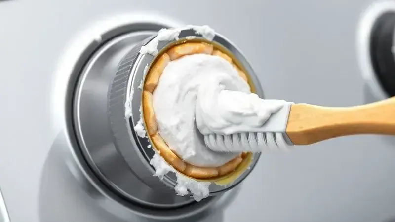 Ilustração conceitual mostrando limpeza profunda de botão de fogão com pasta de bicarbonato e escova de dentes