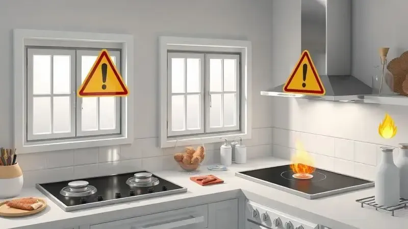 Exemplos de posicionamentos perigosos de cooktop perto de janelas e materiais inflamáveis