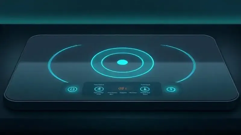 Painel de controle futurista de um fogão de indução ilustrando a tecnologia sofisticada e a longevidade do aparelho.