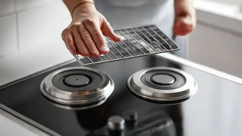 Ilustração conceitual de cuidados preventivos e manutenção em um cooktop, com remoção cuidadosa das peças.