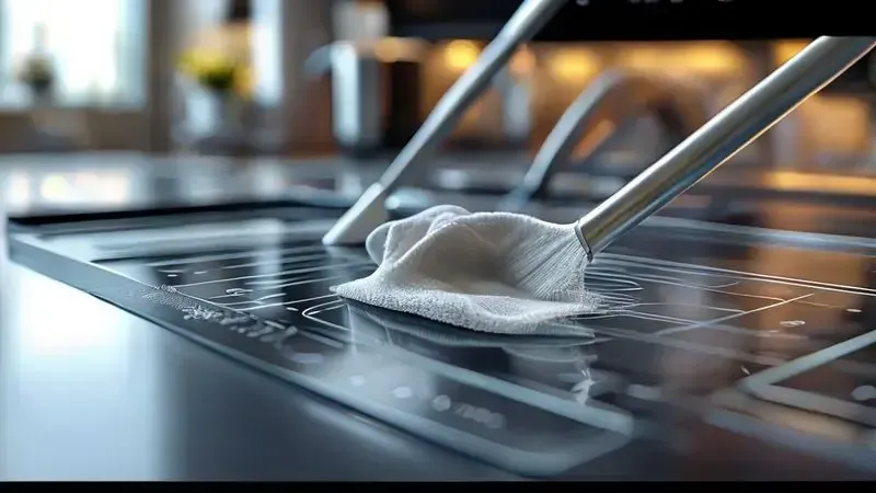 Cena conceitual de limpeza e manutenção da superfície de vidro de cooktop de indução.