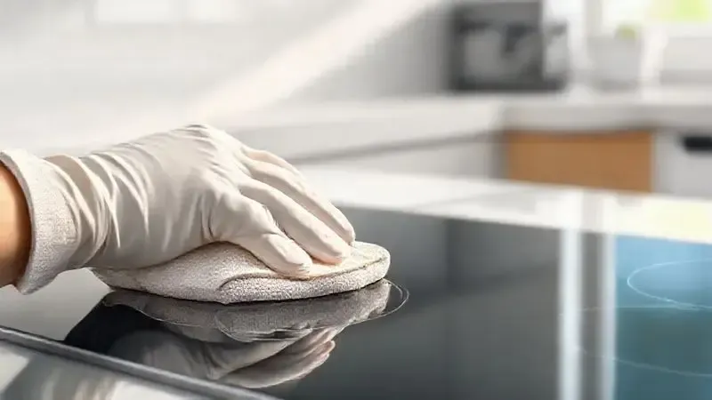 Mão enluvada limpando facilmente a superfície lisa e antiaderente de um cooktop, ilustrando facilidade de limpeza.