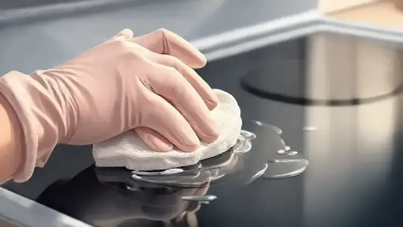 Ilustração de uma mão enluvada limpando facilmente a superfície lisa de um fogão, destacando a praticidade na remoção de sujeira.