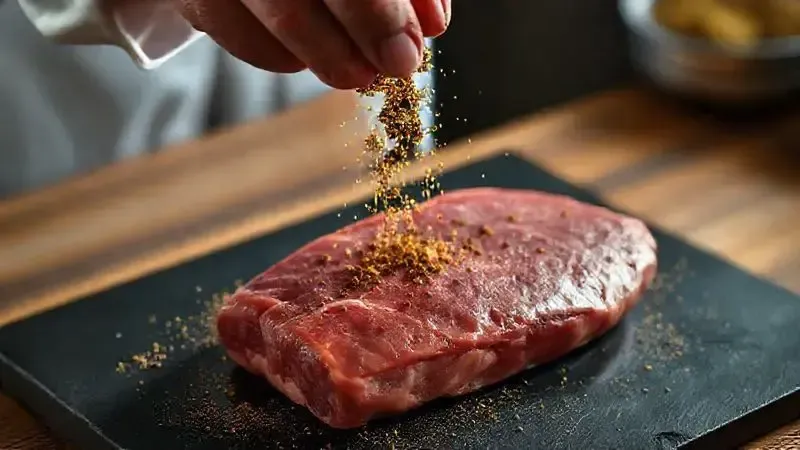 Ilustração de uma mão temperando carne crua com especiarias e ervas, destacando o processo de marinada para assar.