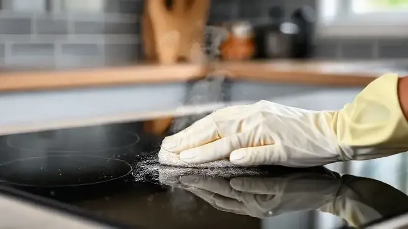 Ilustração de close-up mostrando mãos limpando um cooktop de vidro com uma esponja para remover resíduos e sujeira.