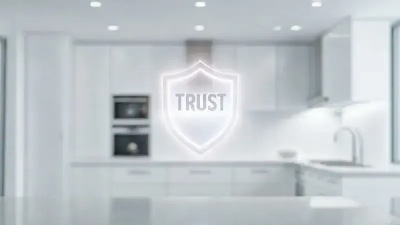 Render 3D conceitual de um escudo luminoso em uma cozinha moderna, representando confiança e qualidade em eletrodomésticos.