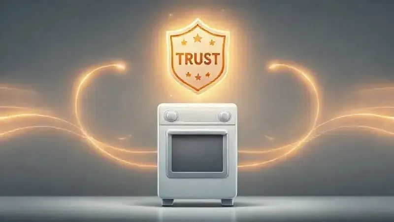 Imagem conceitual de um selo de confiança flutuando sobre um eletrodoméstico, representando a confiabilidade e reputação da marca.