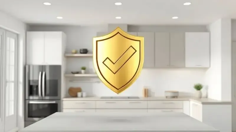 Renderização 3D de um selo de confiança (escudo dourado) sobre uma cozinha, representando credibilidade da marca.