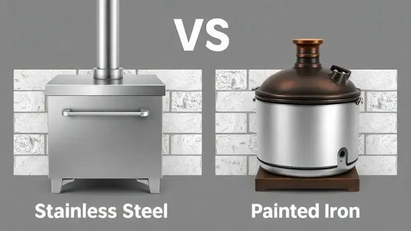 Ilustração comparando materiais de construção para fogões industriais: aço inox versus ferro pintado, focando em durabilidade e higiene
