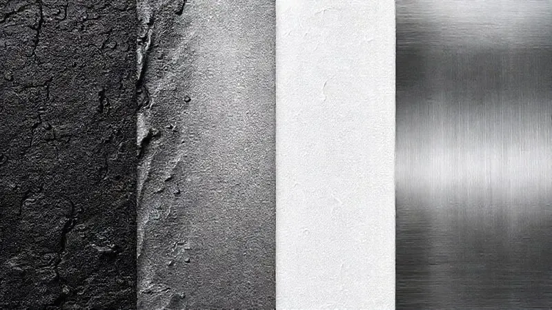 Amostras visuais e texturais de materiais comuns na fabricação de frigideiras para fogões de indução.