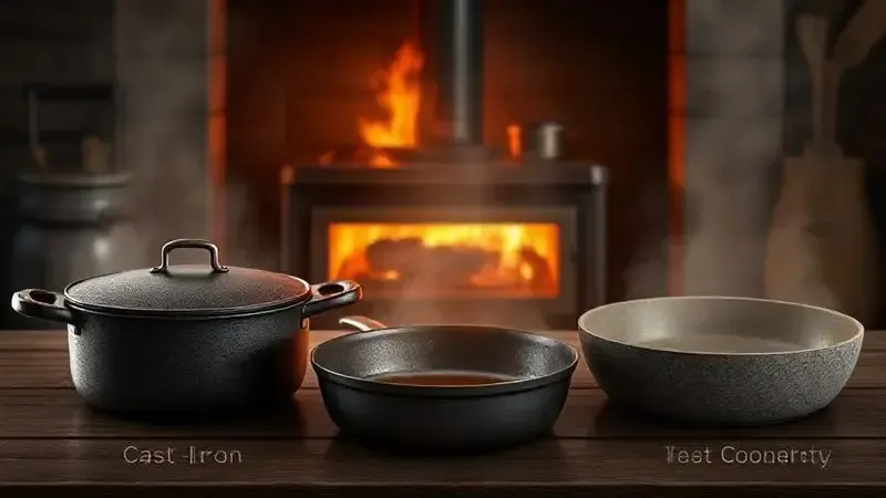 Ilustração conceitual de panelas de ferro fundido e pedra-sabão, ideais para o calor intenso do fogão à lenha.