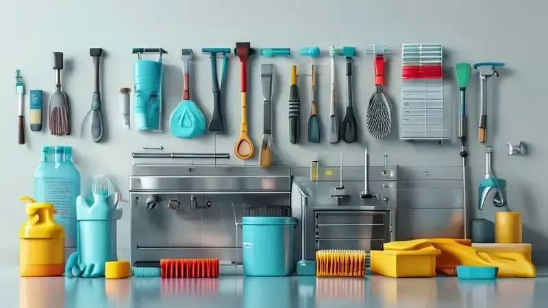 Materiais e produtos profissionais para limpeza de fogão industrial organizados em checklist