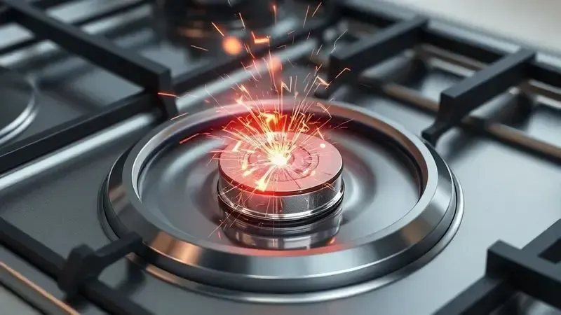 Ilustração conceitual do mecanismo interno de ignição de um cooktop com faíscas elétricas visíveis