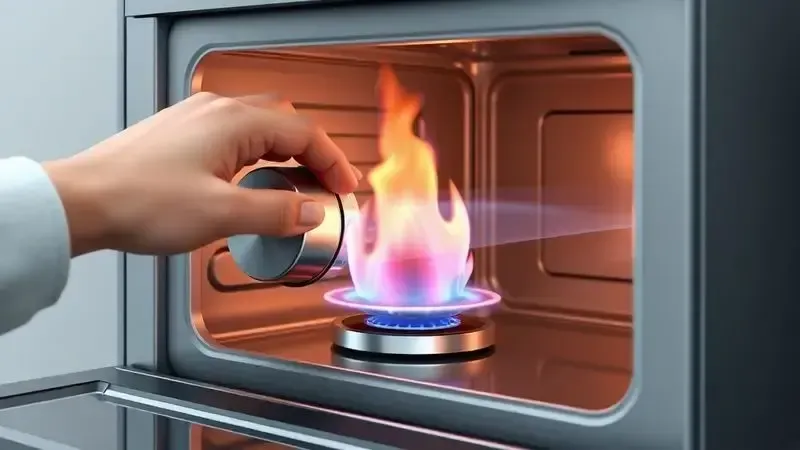 Ilustração conceitual do mecanismo de segurança do forno mostrando botão sendo solto e chama apagando