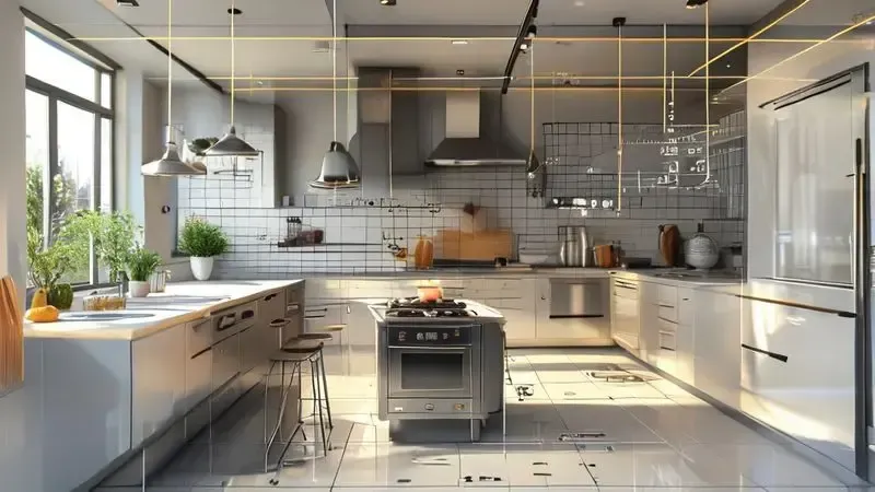 Render 3D ilustrativo de cozinha com indicações de medidas para planejamento espacial de fogão.