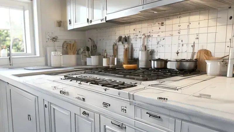 Render 3D conceitual de bancada com marcações de medidas para instalação de cooktop e distâncias de segurança